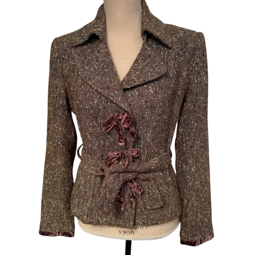 Sara Campbell Brown Tweed Blazer with Velvet Ribbon Accents